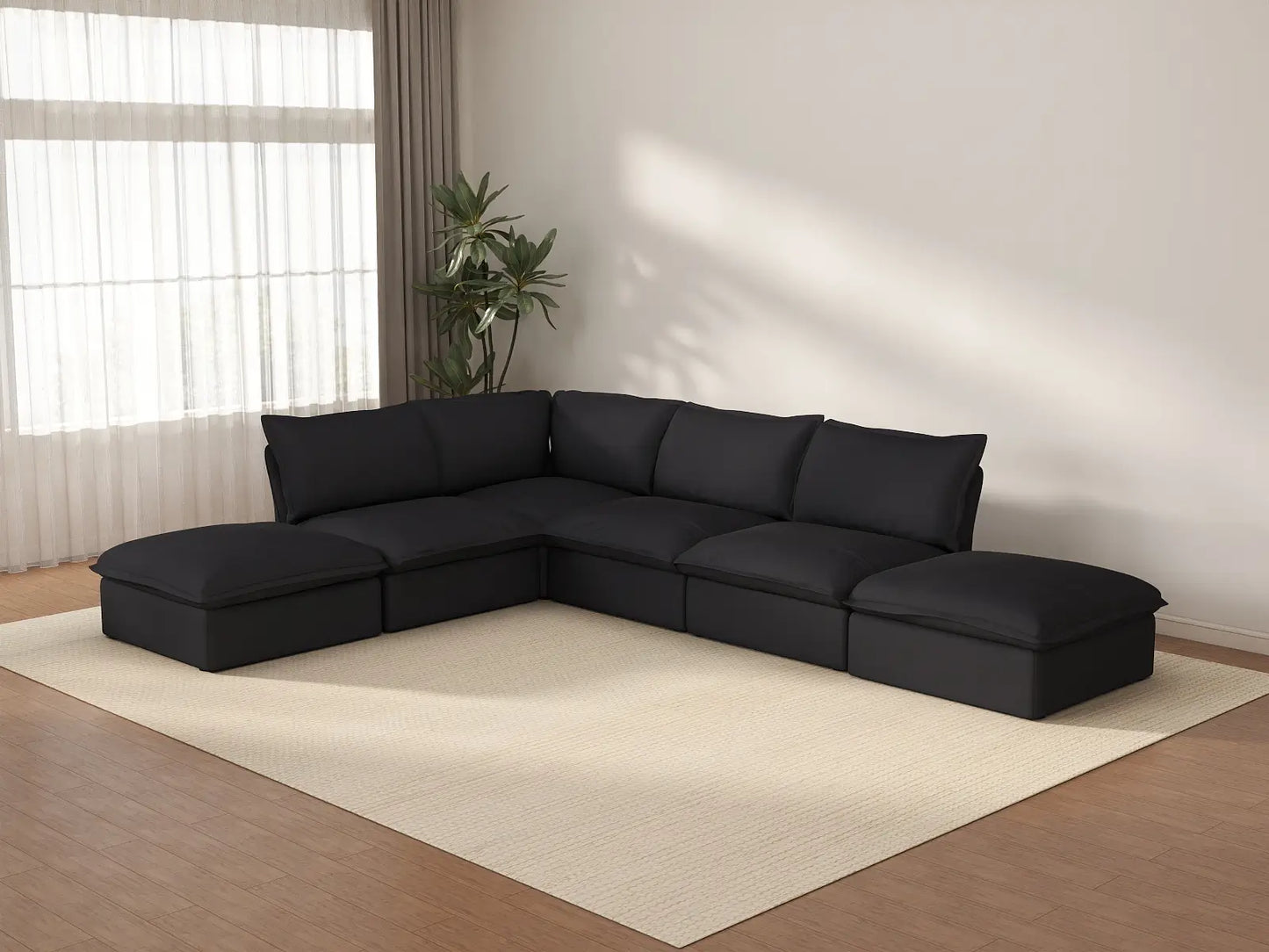 Sofá de 4 plazas en forma de L Deluxe Cloud Negro | 6 piezas (incluye 2 otomanas), tela de lino y algodón, otomana con almacenamiento