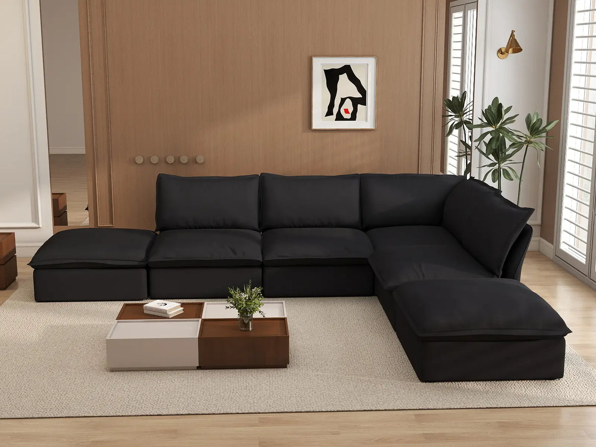 Sofá de 4 plazas en forma de L Deluxe Cloud Negro | 6 piezas (incluye 2 otomanas), tela de lino y algodón, otomana con almacenamiento