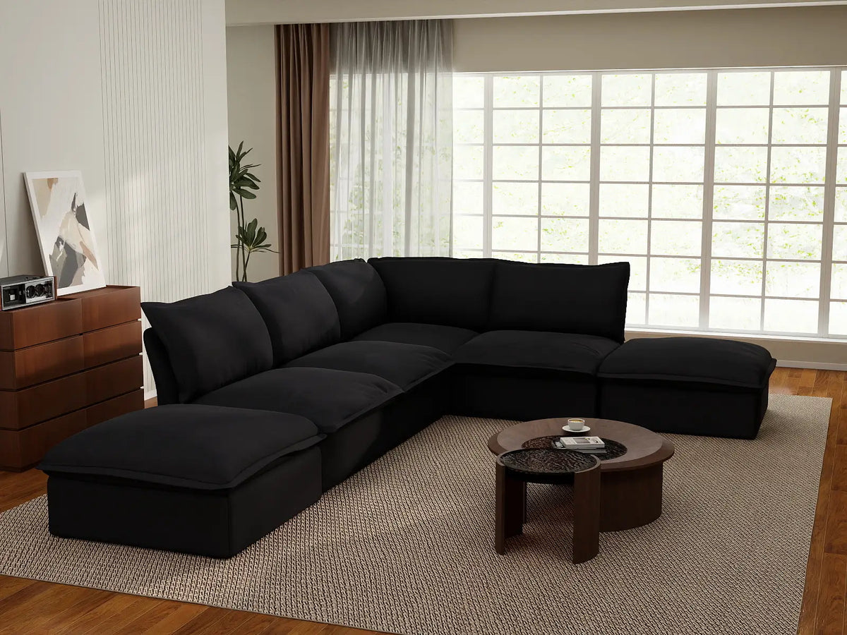Deluxe Linen Cloud Sectional Sofas Covers | Black Linen and Cotton Sofa Cover for 4-Seater with 2-Ottoman