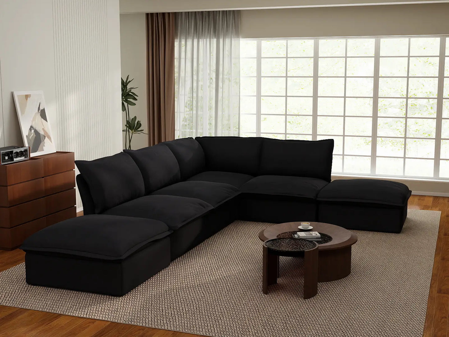 Deluxe Linen Cloud Sectional Sofas Covers | Black Linen and Cotton Sofa Cover for 4-Seater with 2-Ottoman