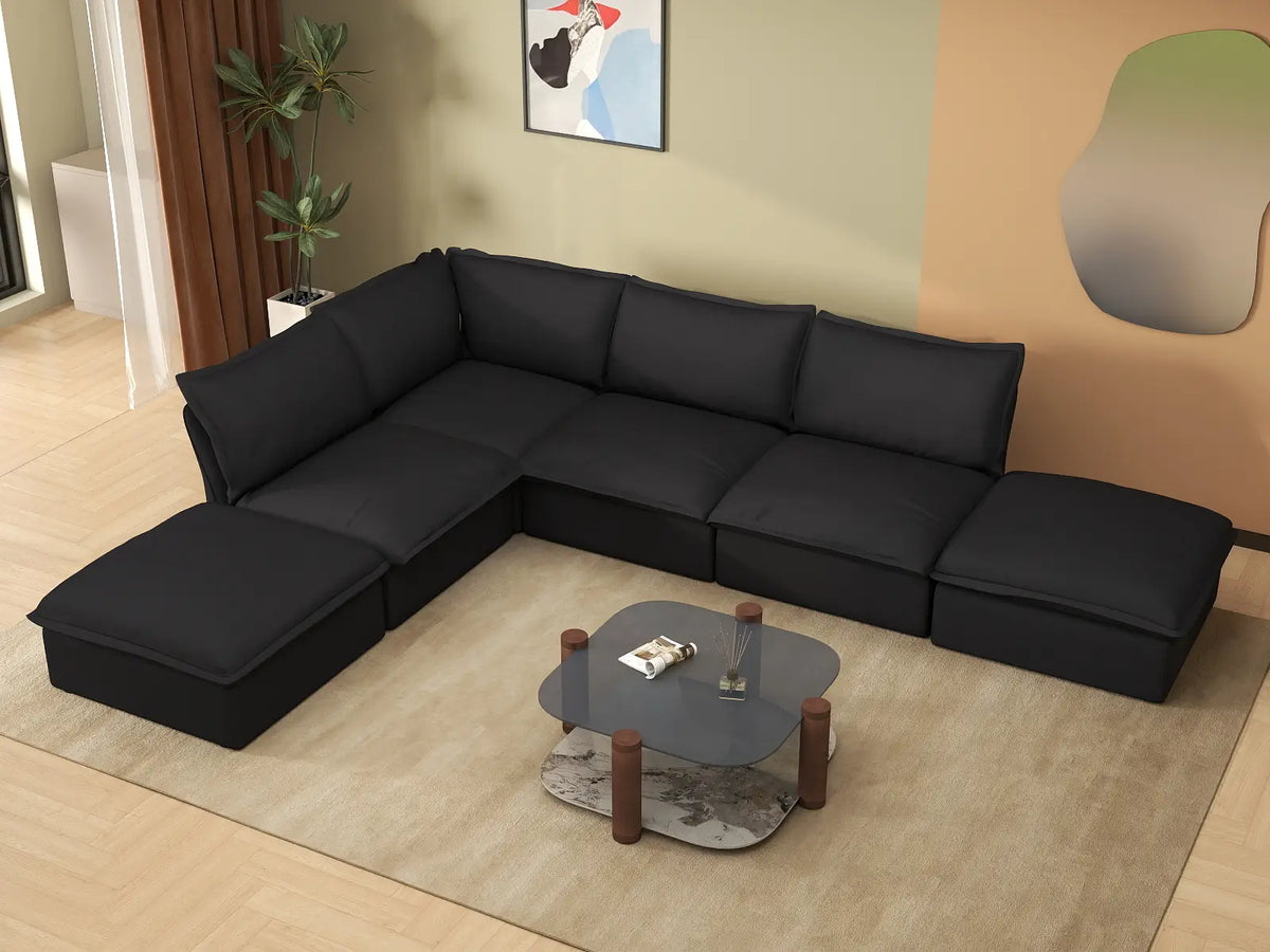 Deluxe Linen Cloud Sectional Sofas Covers | Black Linen and Cotton Sofa Cover for 4-Seater with 2-Ottoman