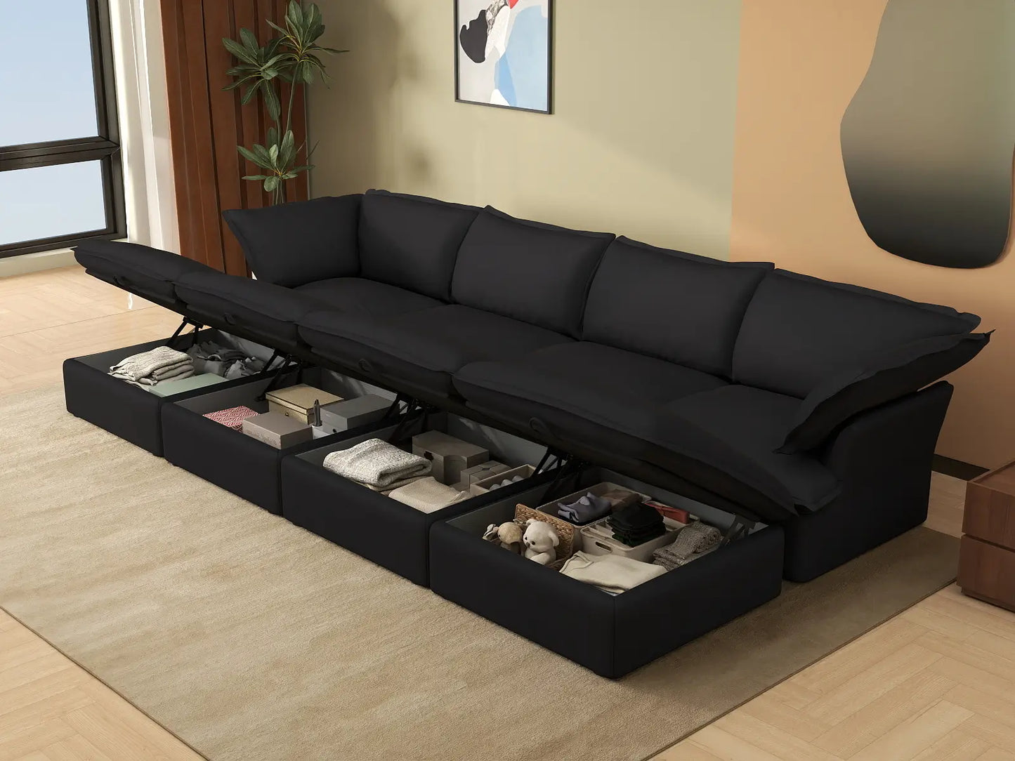 Deluxe Cloud Black 4-Seater Pit Sectional with Storage | 8-Piece (includes 4 ottomans), Linen and Cotton Fabric, Washable Covers