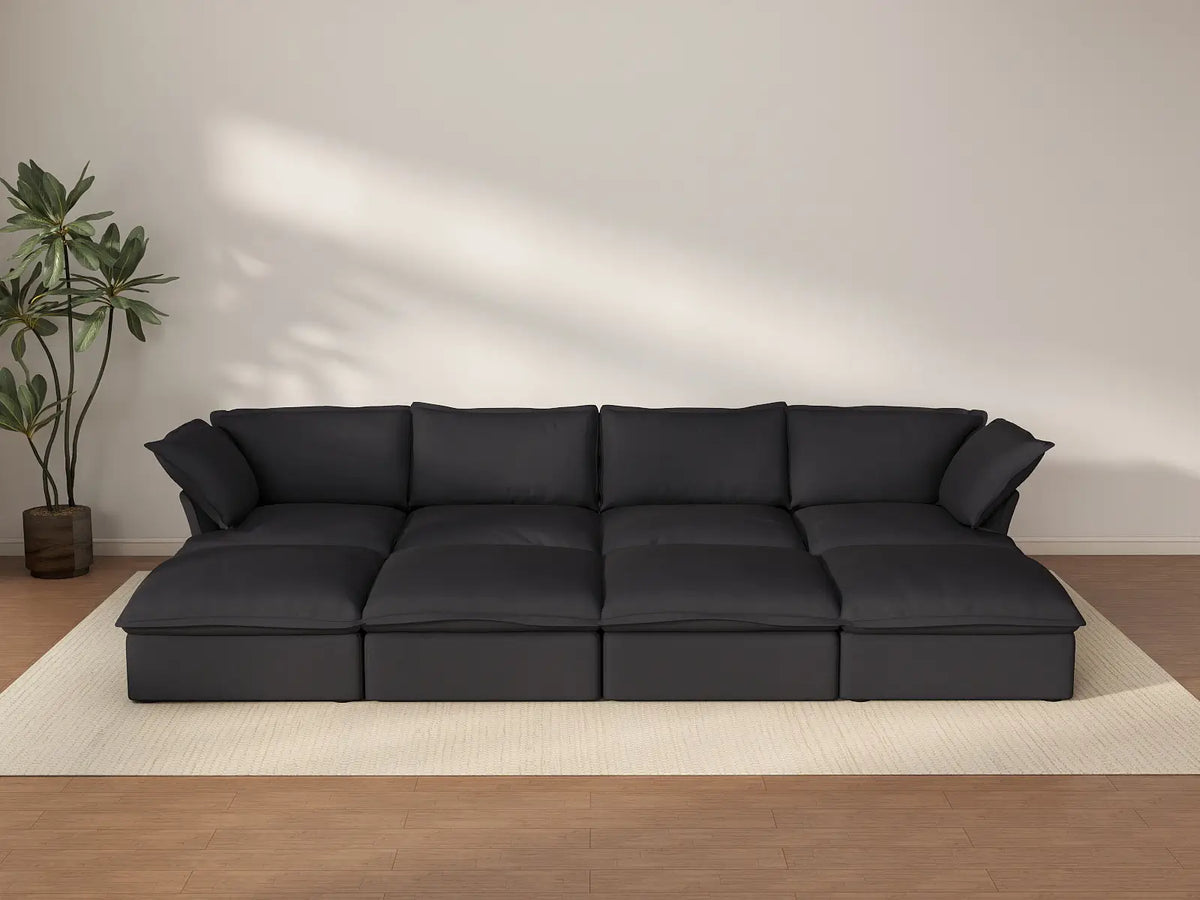 Deluxe Cloud Black 4-Seater Pit Sectional with Storage | 8-Piece (includes 4 ottomans), Linen and Cotton Fabric, Washable Covers
