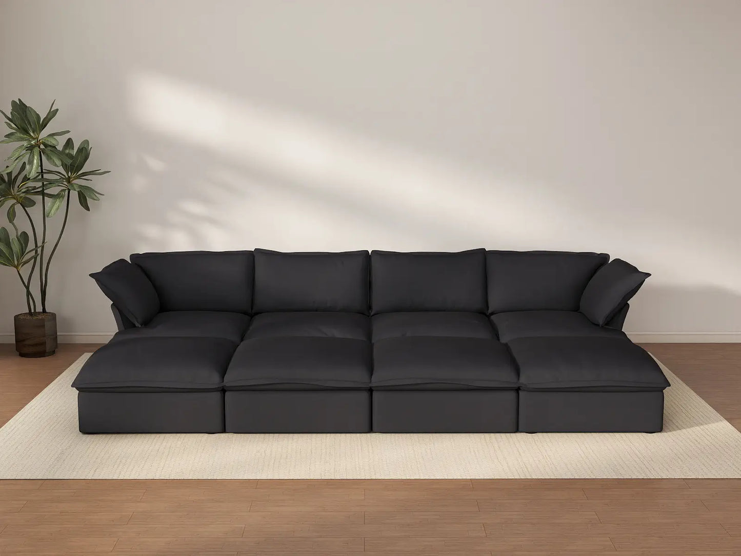 Deluxe Cloud Black 4-Seater Pit Sectional with Storage | 8-Piece (includes 4 ottomans), Linen and Cotton Fabric, Washable Covers
