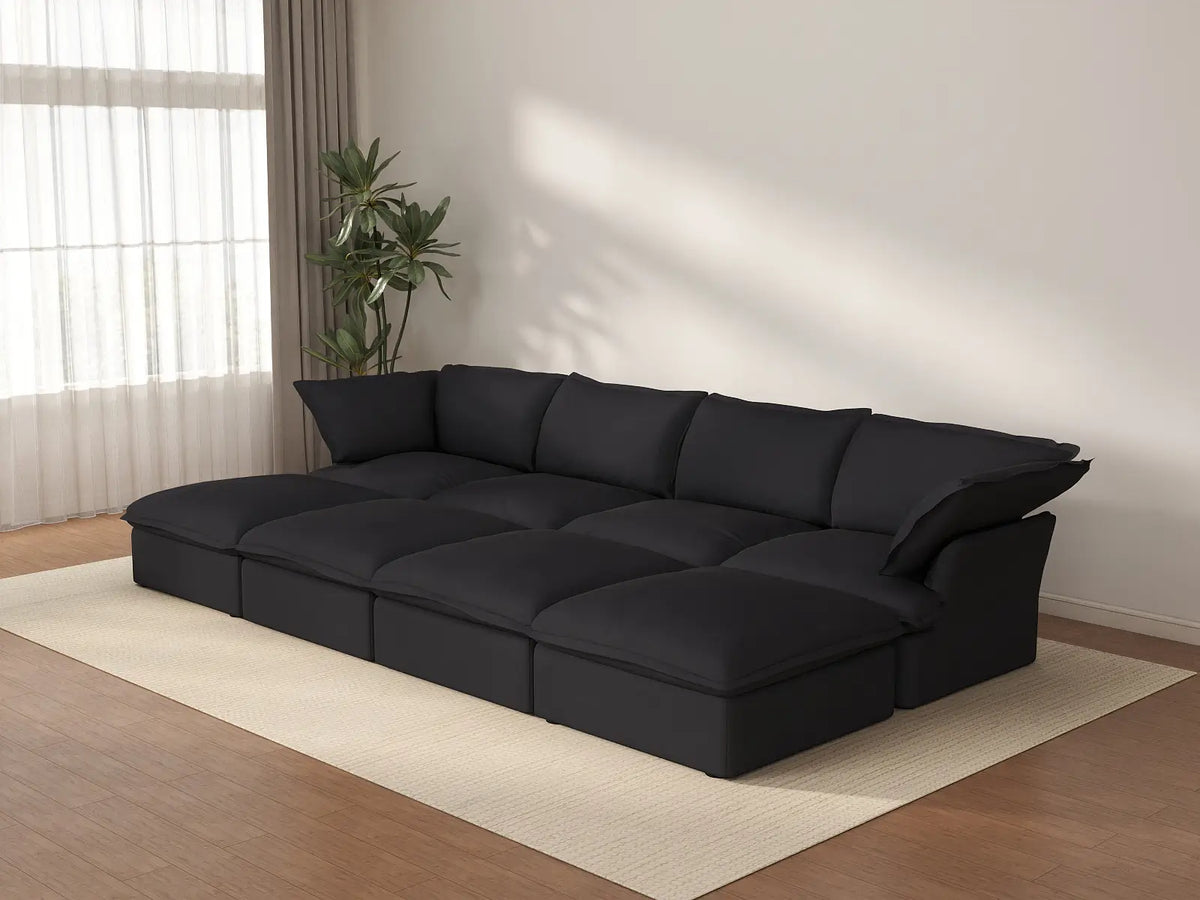 Deluxe Cloud Black 4-Seater Pit Sectional with Storage | 8-Piece (includes 4 ottomans), Linen and Cotton Fabric, Washable Covers
