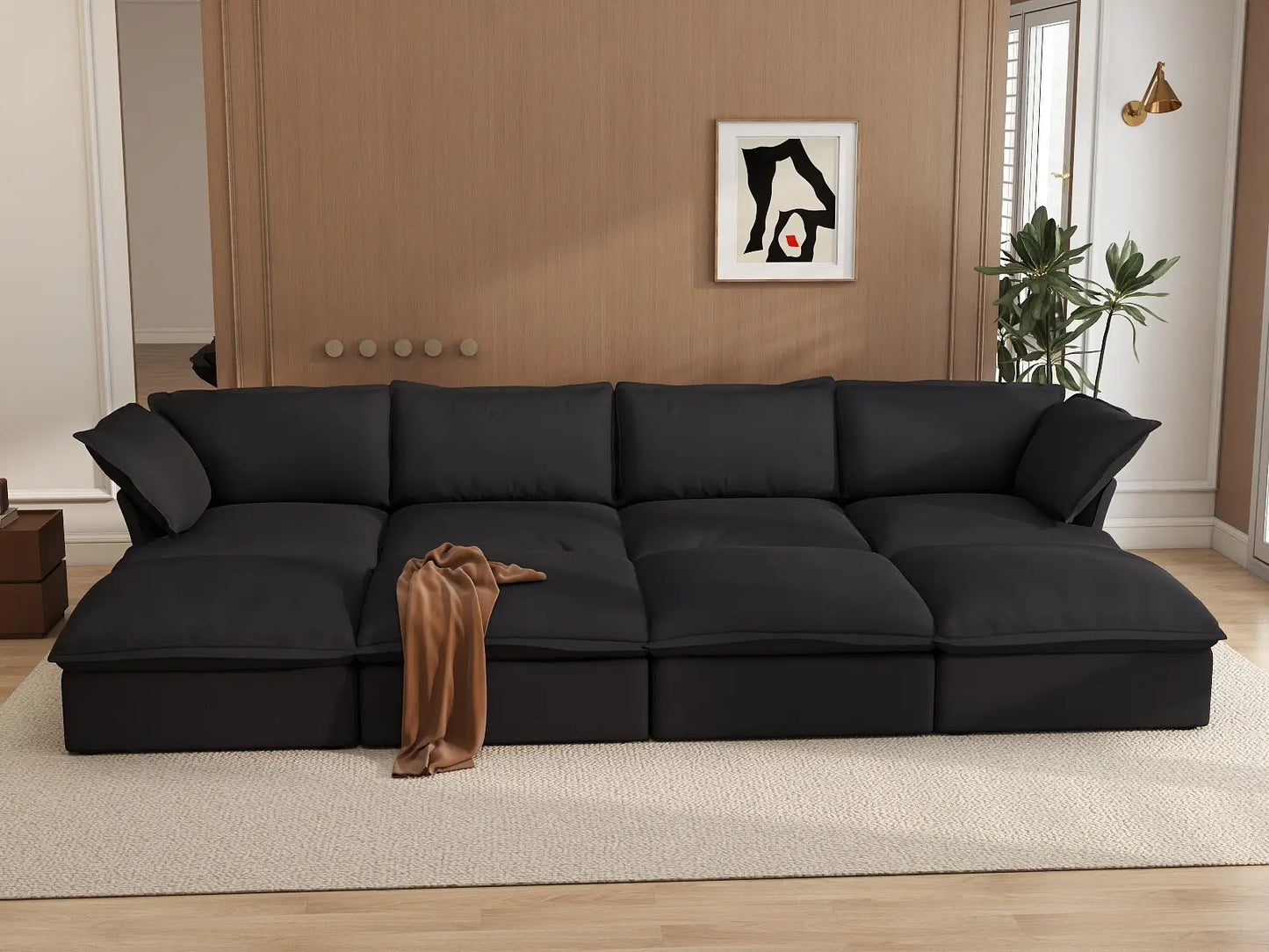 Deluxe Linen Cloud Sectional Sofas Covers | Black Linen and Cotton Sofa Cover for 4-Seater with 4-Ottoman