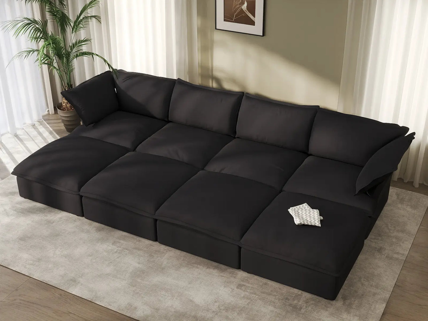 Deluxe Cloud Black 4-Seater Pit Sectional with Storage | 8-Piece (includes 4 ottomans), Linen and Cotton Fabric, Washable Covers