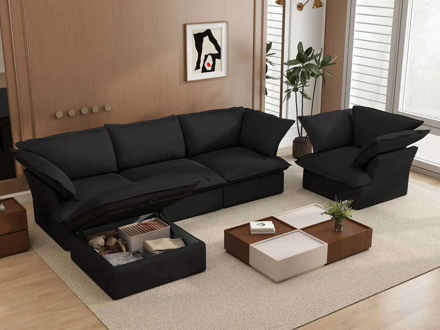 Deluxe Cloud Black 4-Seater Sofa with Storage | 5-Piece (includes 1 ottoman), Linen and Cotton Fabric, Washable Covers