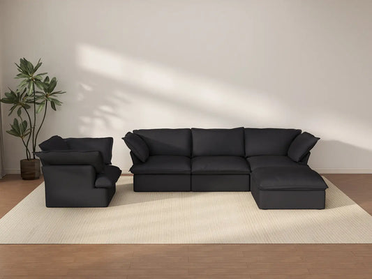 Deluxe Cloud Black 4-Seater Sofa with Storage | 5-Piece (includes 1 ottoman), Linen and Cotton Fabric, Washable Covers