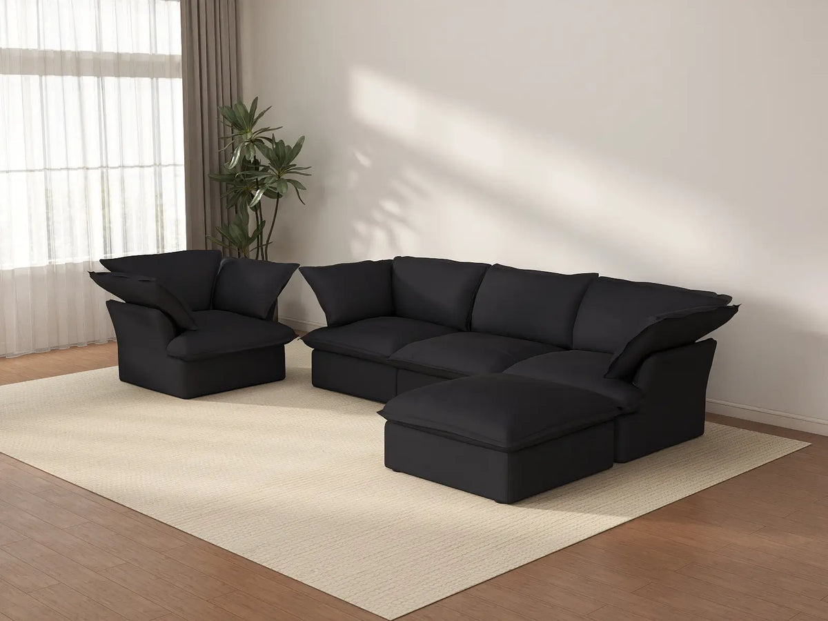 Deluxe Cloud Black 4-Seater Sofa with Storage | 5-Piece (includes 1 ottoman), Linen and Cotton Fabric, Washable Covers