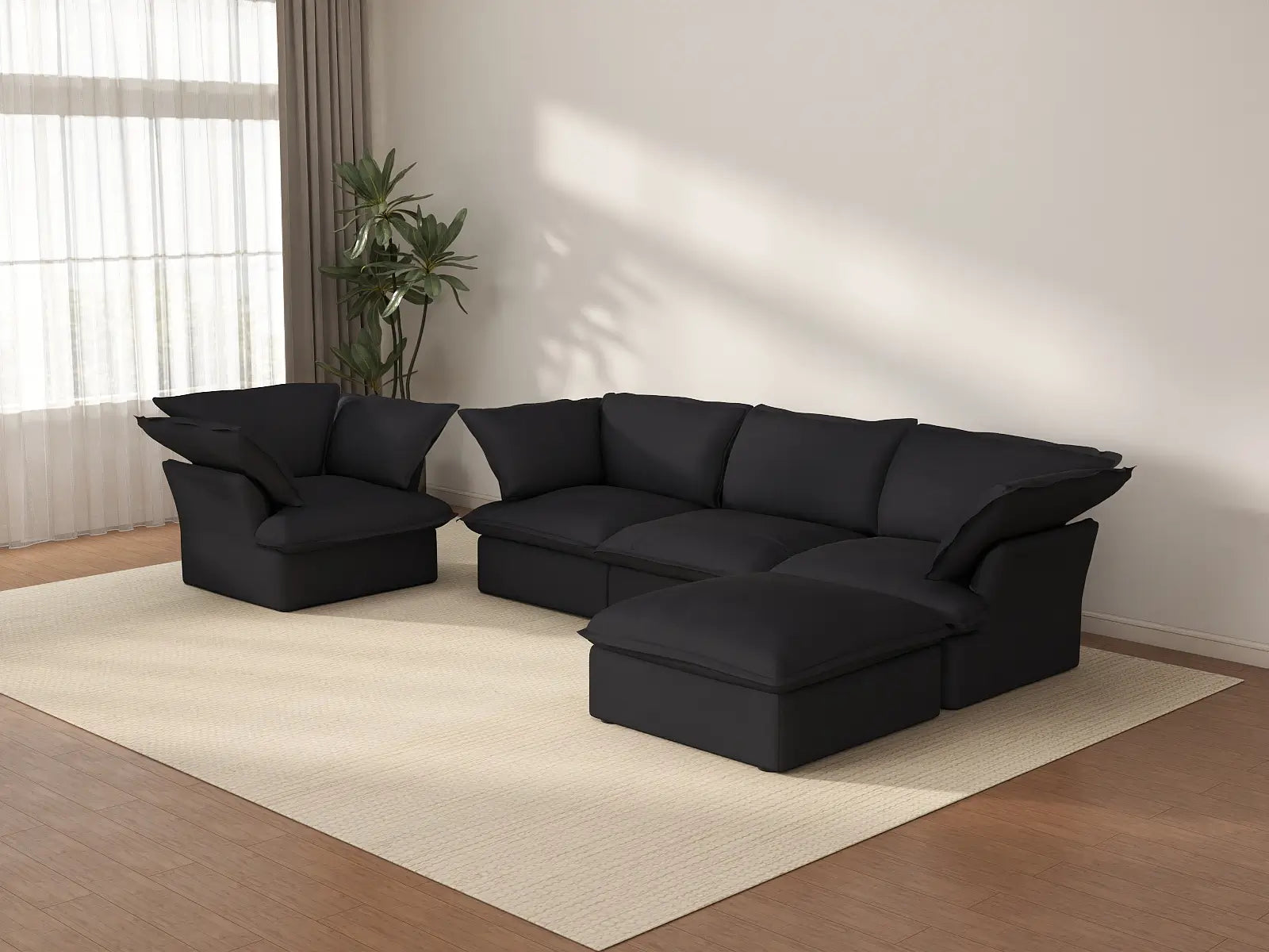 Deluxe Cloud Black 4-Seater Sofa with Storage | 5-Piece (includes 1 ottoman), Linen and Cotton Fabric, Washable Covers