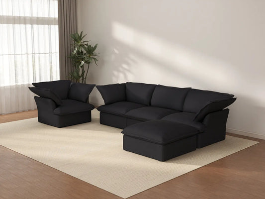 Deluxe Cloud Black 4-Seater Sofa with Storage | 5-Piece (includes 1 ottoman), Linen and Cotton Fabric, Washable Covers