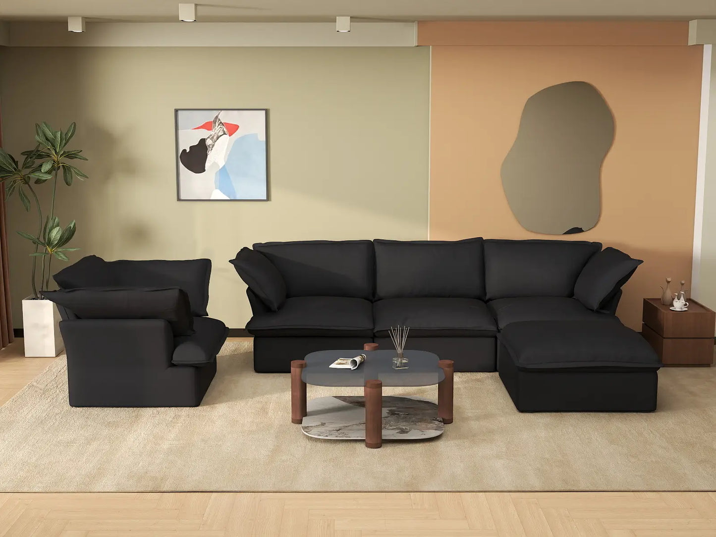 Deluxe Cloud Black 4-Seater Sofa with Storage | 5-Piece (includes 1 ottoman), Linen and Cotton Fabric, Washable Covers