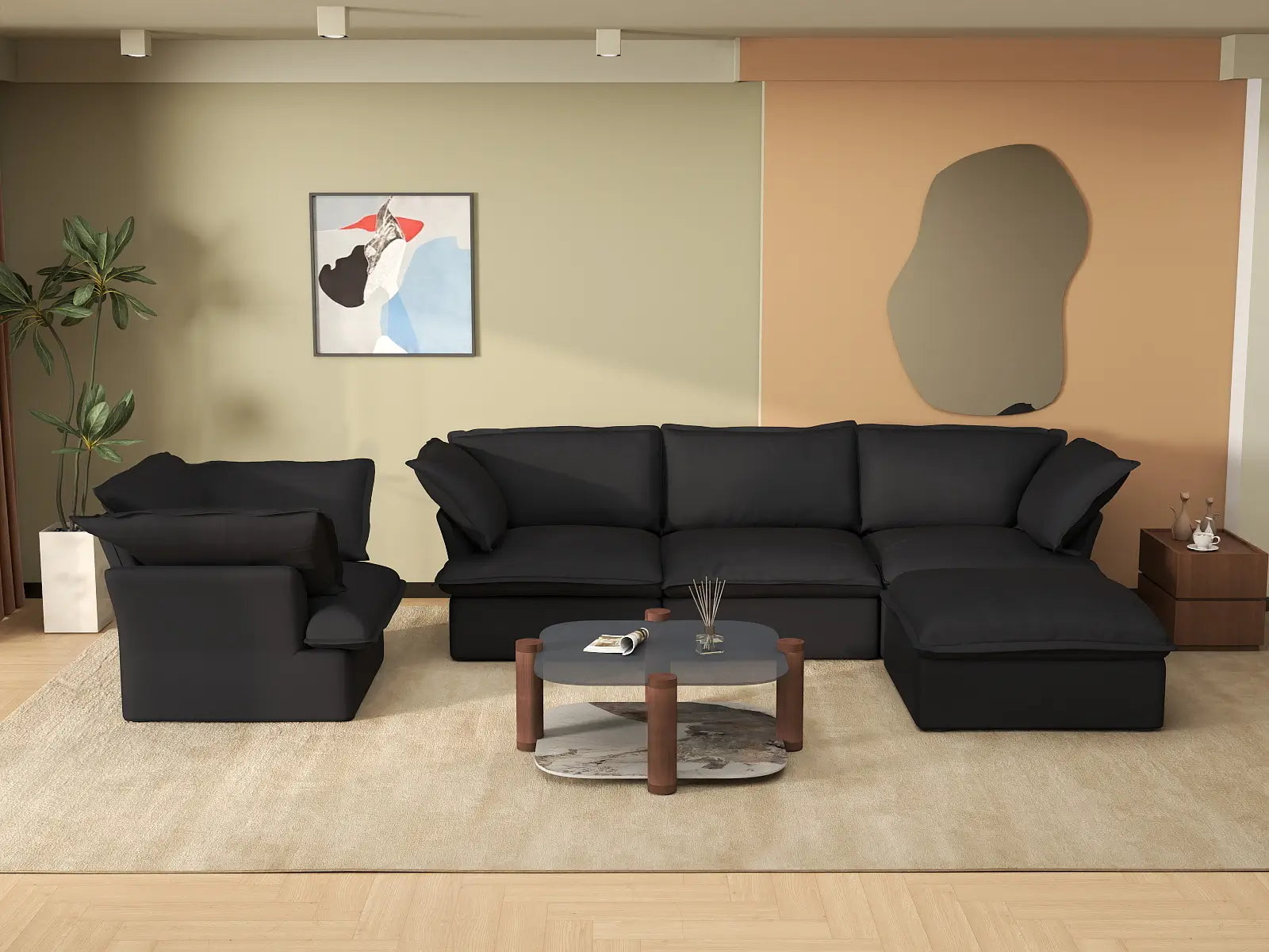 Deluxe Cloud Black 4-Seater Sofa with Storage | 5-Piece (includes 1 ottoman), Linen and Cotton Fabric, Washable Covers