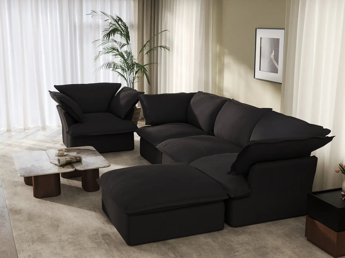 Deluxe Linen Cloud Sectional Sofas Covers | Black Linen and Cotton Sofa Cover for 4-Seater with 1-Ottoman