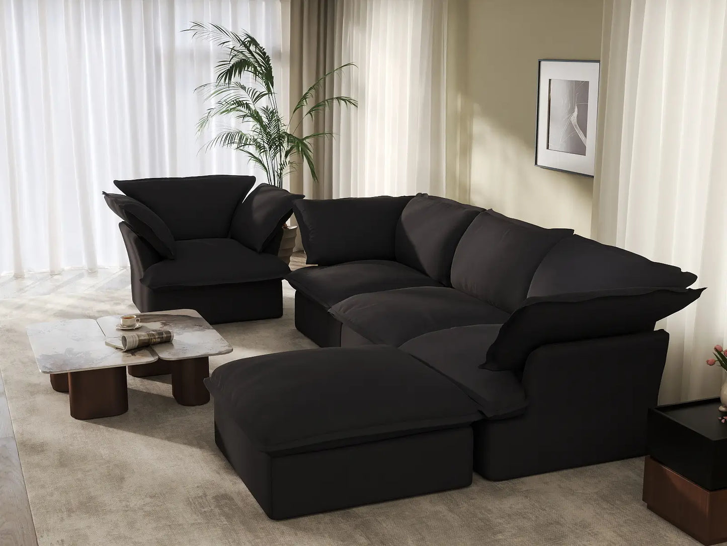 Deluxe Linen Cloud Sectional Sofas Covers | Black Linen and Cotton Sofa Cover for 4-Seater with 1-Ottoman
