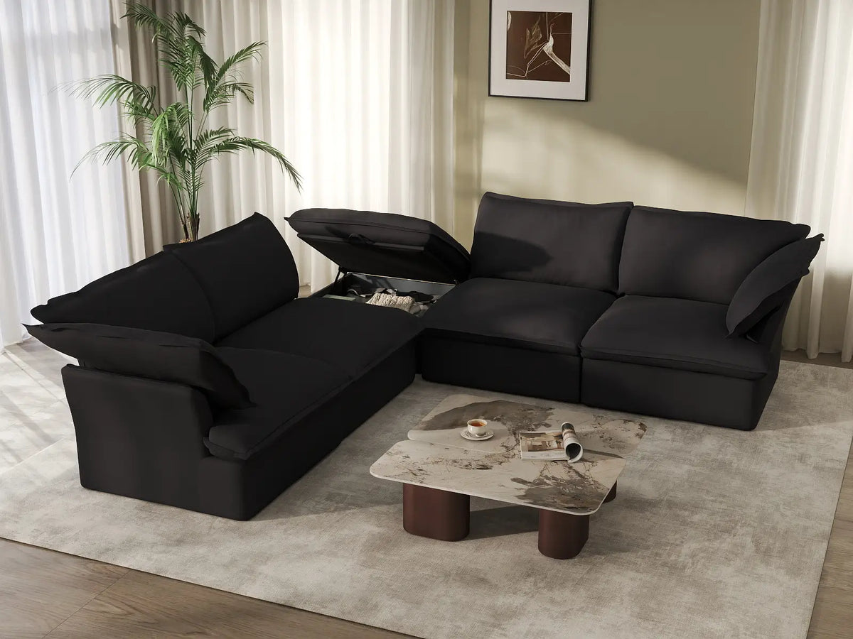 Deluxe Linen Cloud Sectional Sofas Covers | Black Linen and Cotton Sofa Cover for 4-Seater with 1-Ottoman