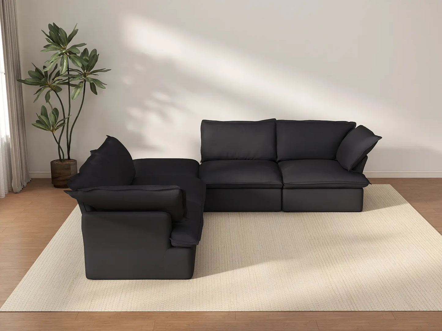 Deluxe Cloud Black 4-Seater V-Shaped Sofa with Storage | 5-Piece (includes 1 ottoman), Linen and Cotton Fabric, Washable Covers