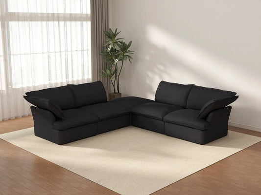 Deluxe Cloud Black 4-Seater V-Shaped Sofa with Storage | 5-Piece (includes 1 ottoman), Linen and Cotton Fabric, Washable Covers
