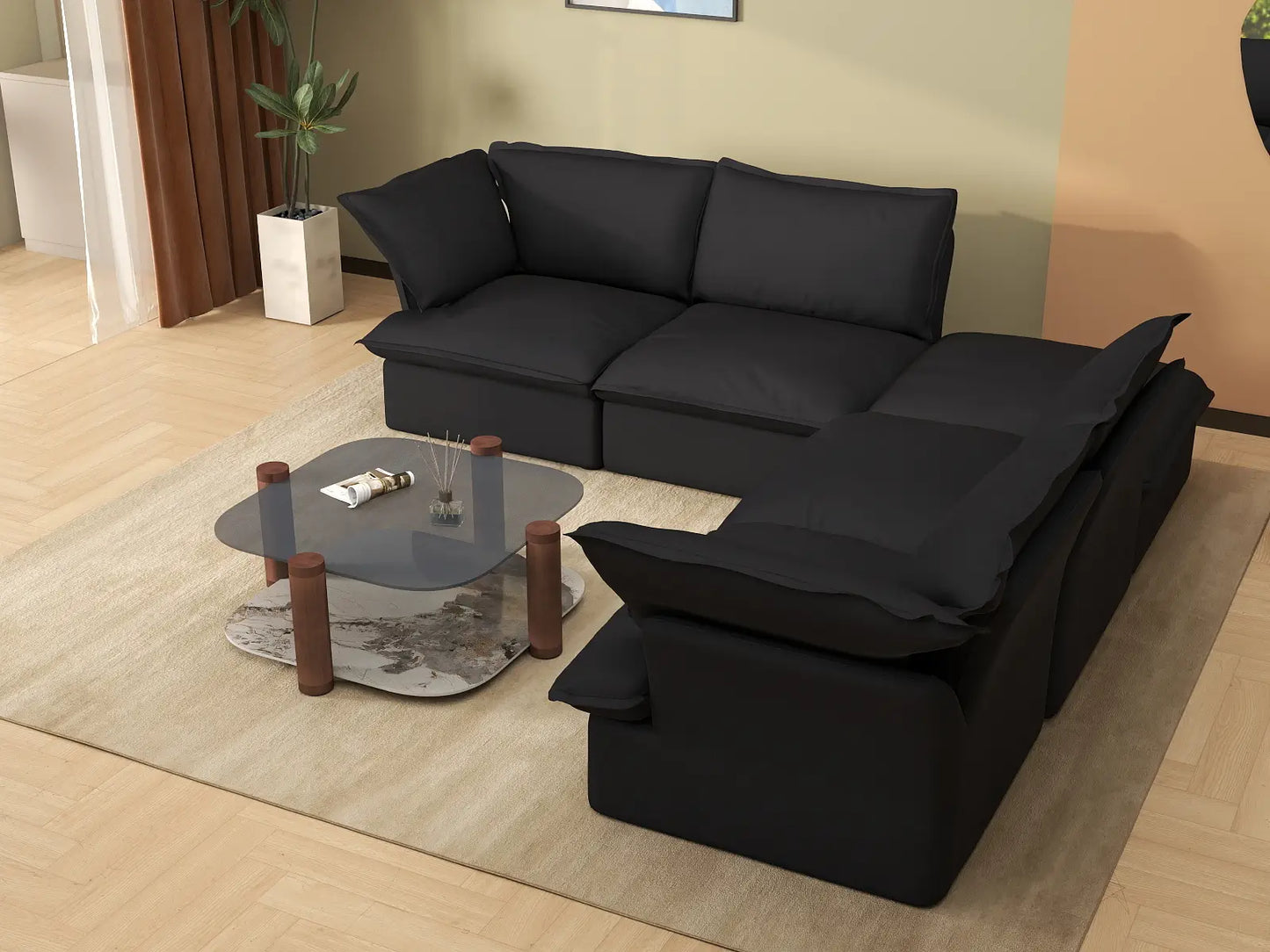 Deluxe Cloud Black 4-Seater V-Shaped Sofa with Storage | 5-Piece (includes 1 ottoman), Linen and Cotton Fabric, Washable Covers