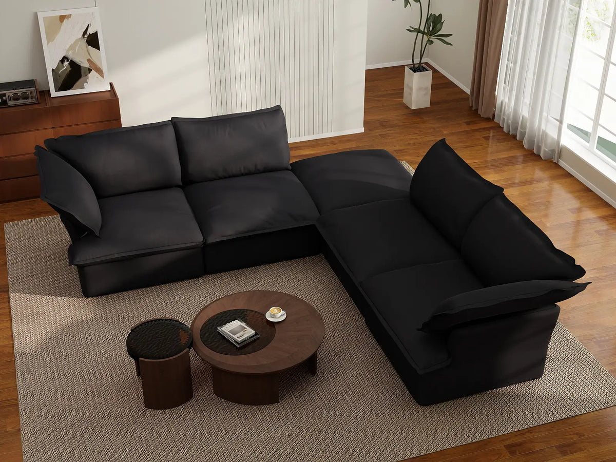 Deluxe Linen Cloud Sectional Sofas Covers | Black Linen and Cotton Sofa Cover for 4-Seater with 1-Ottoman