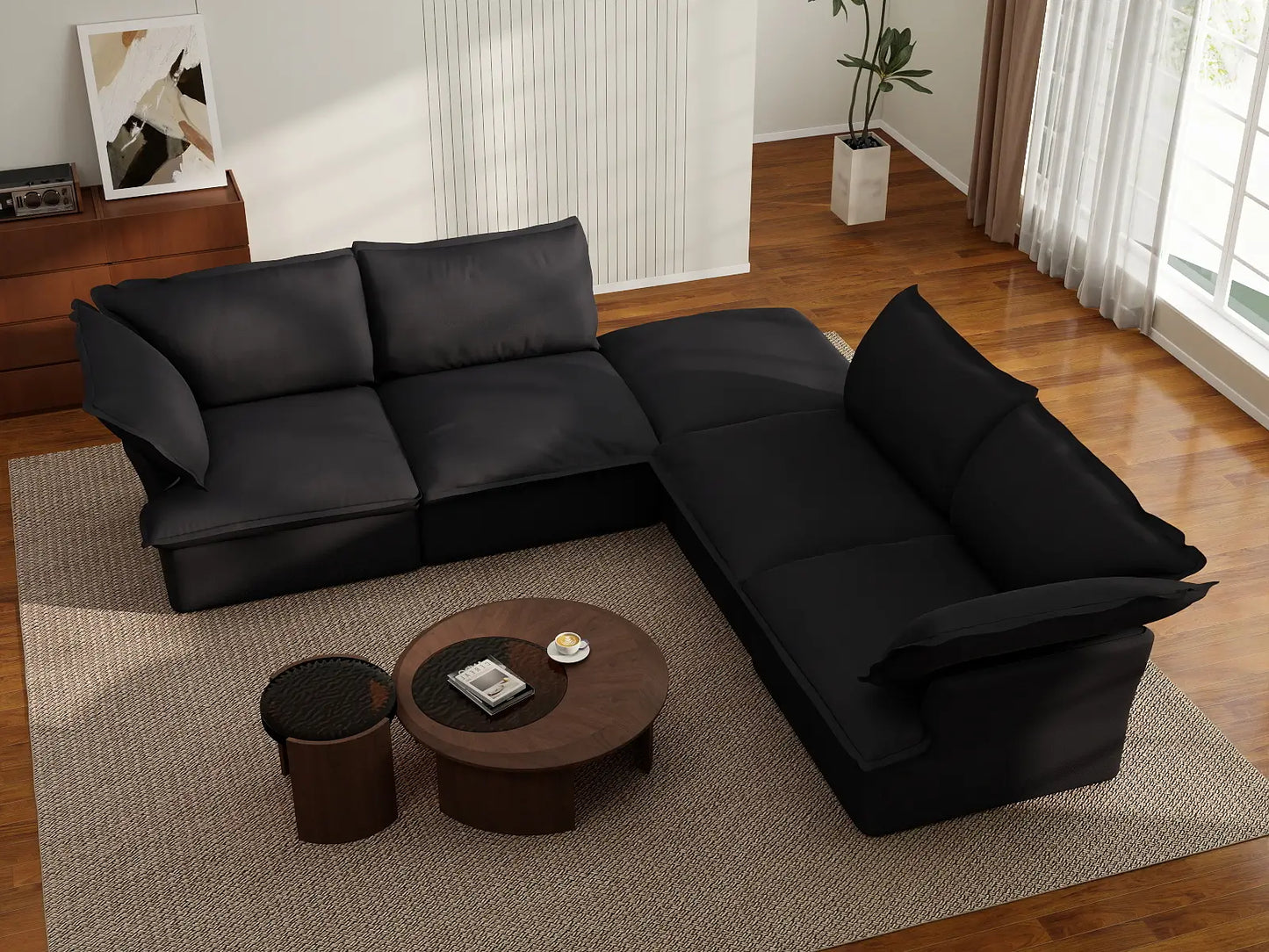 Deluxe Linen Cloud Sectional Sofas Covers | Black Linen and Cotton Sofa Cover for 4-Seater with 1-Ottoman
