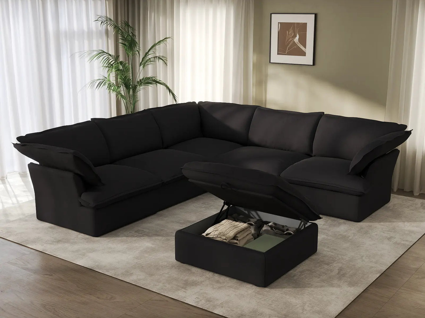 Deluxe Cloud Black 5-Seater Sofa Set with Storage | 6-Piece (includes 1 ottoman), Linen and Cotton Fabric, Washable Covers