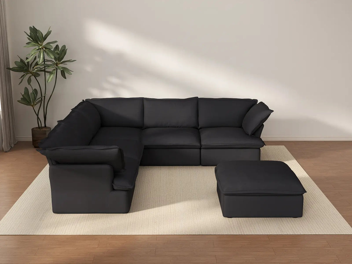 Deluxe Cloud Black 5-Seater Sofa Set with Storage | 6-Piece (includes 1 ottoman), Linen and Cotton Fabric, Washable Covers
