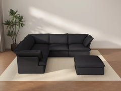Deluxe Cloud Black 5-Seater Sofa Set with Storage | 6-Piece (includes 1 ottoman), Linen and Cotton Fabric, Washable Covers