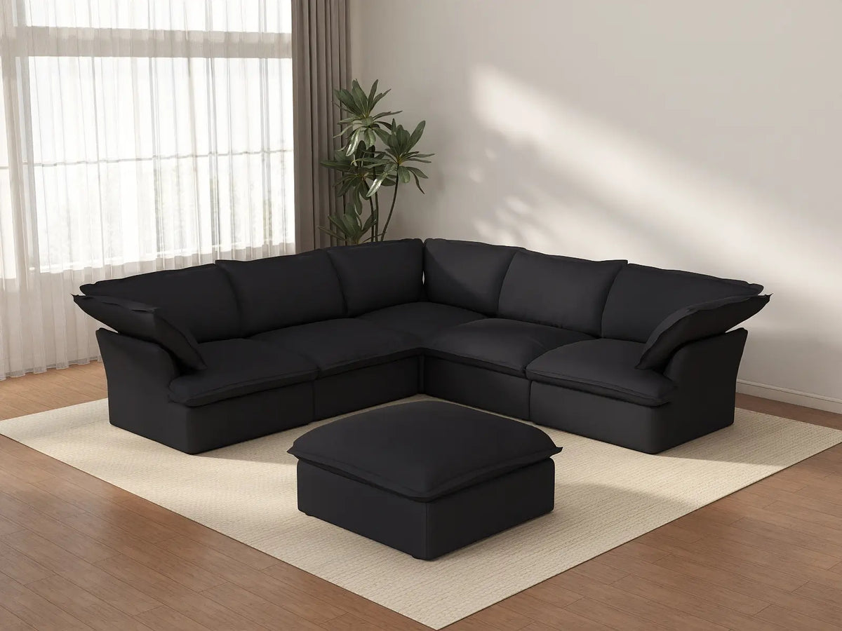 Deluxe Cloud Black 5-Seater Sofa Set with Storage | 6-Piece (includes 1 ottoman), Linen and Cotton Fabric, Washable Covers