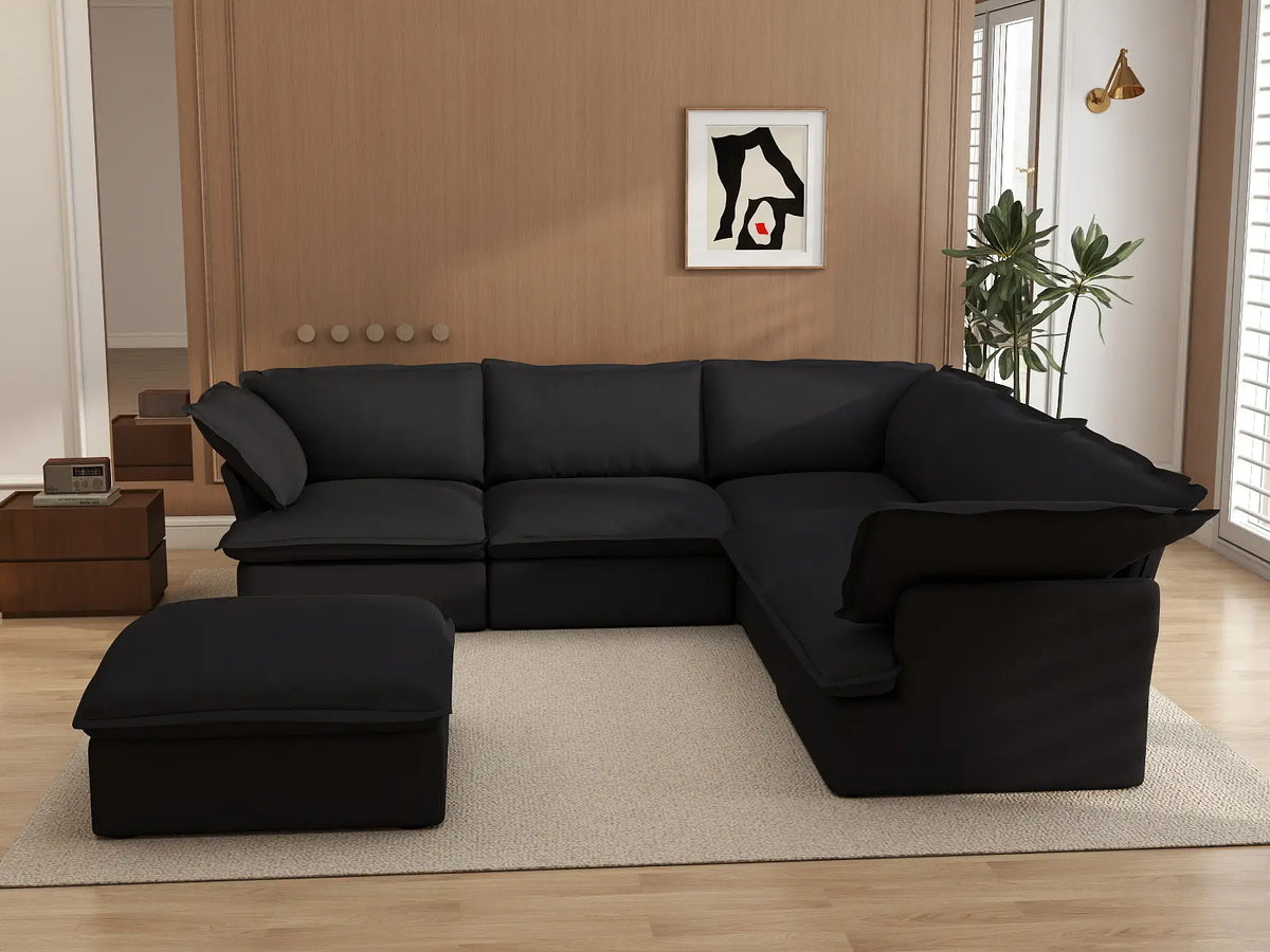 Deluxe Cloud Black 5-Seater Sofa Set with Storage | 6-Piece (includes 1 ottoman), Linen and Cotton Fabric, Washable Covers