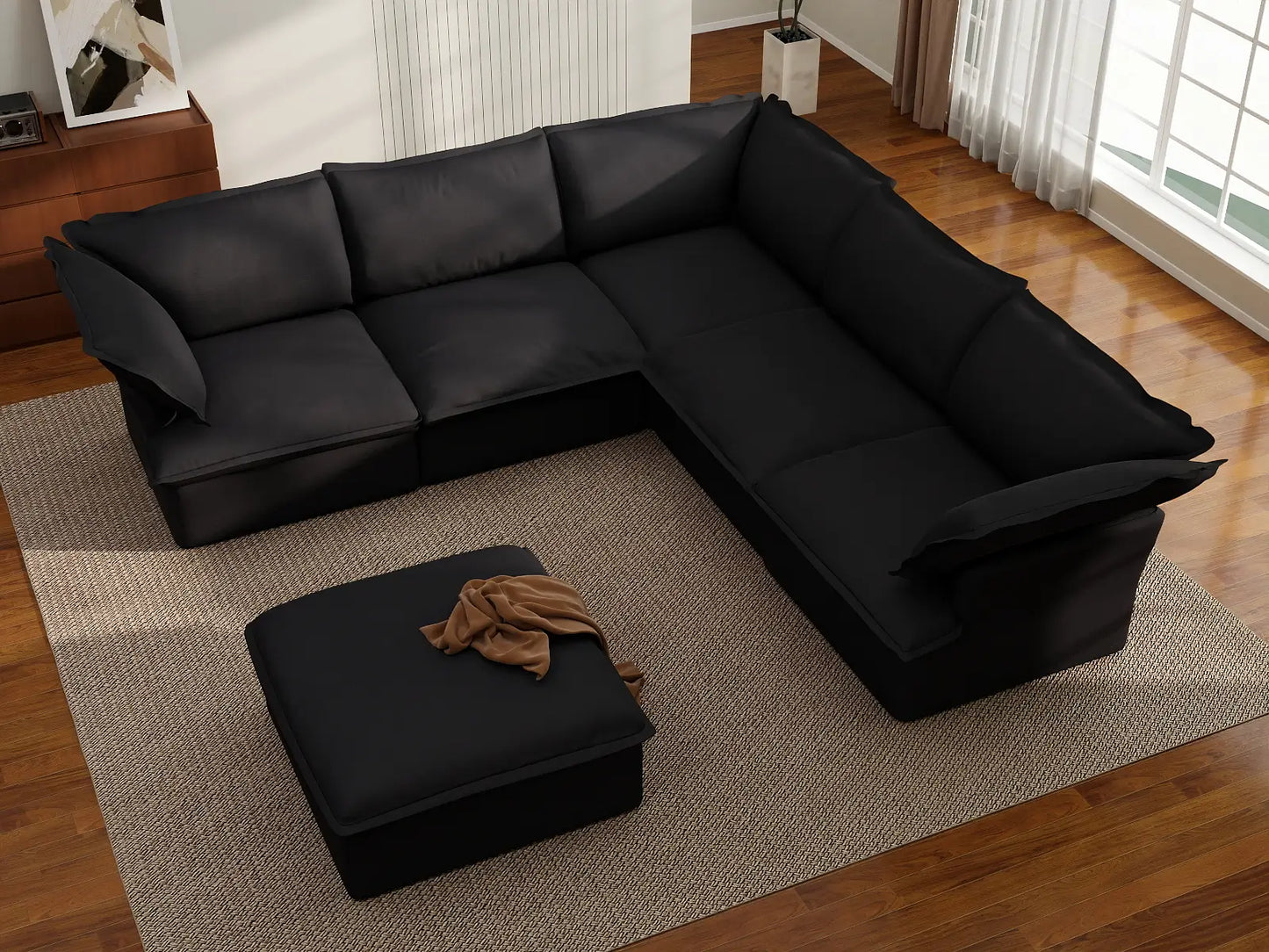 Fundas de sofá seccionales Deluxe Linen Cloud | Funda de sofá de lino y algodón negro para 5 plazas con 1 otomana