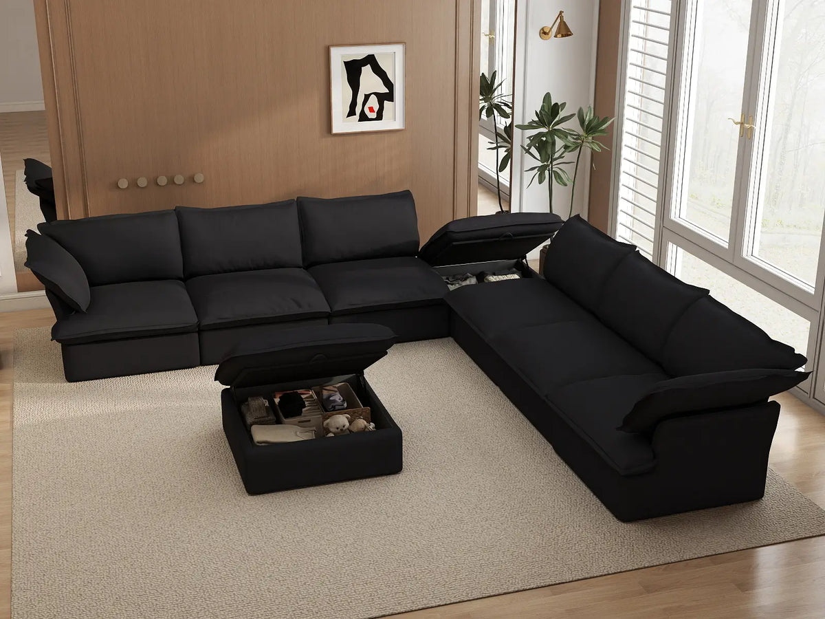 Deluxe Cloud Black 6-Seater Sofa with Storage | 8-Piece (includes 2 ottomans), Linen and Cotton Fabric, Washable Covers