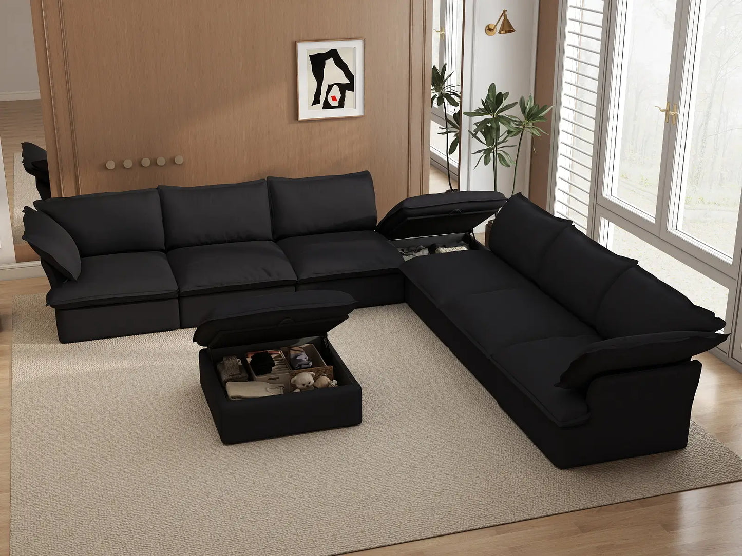 Deluxe Cloud Black 6-Seater Sofa with Storage | 8-Piece (includes 2 ottomans), Linen and Cotton Fabric, Washable Covers