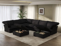 Sofá Deluxe Cloud negro de 6 plazas con almacenaje | 8 piezas (incluye 2 otomanas), tela de lino y algodón, fundas lavables