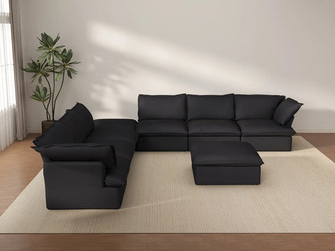 Deluxe Cloud Black 6-Seater Sofa with Storage | 8-Piece (includes 2 ottomans), Linen and Cotton Fabric, Washable Covers