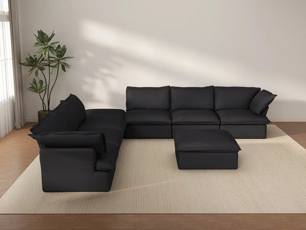 Deluxe Cloud Black 6-Seater Sofa with Storage | 8-Piece (includes 2 ottomans), Linen and Cotton Fabric, Washable Covers