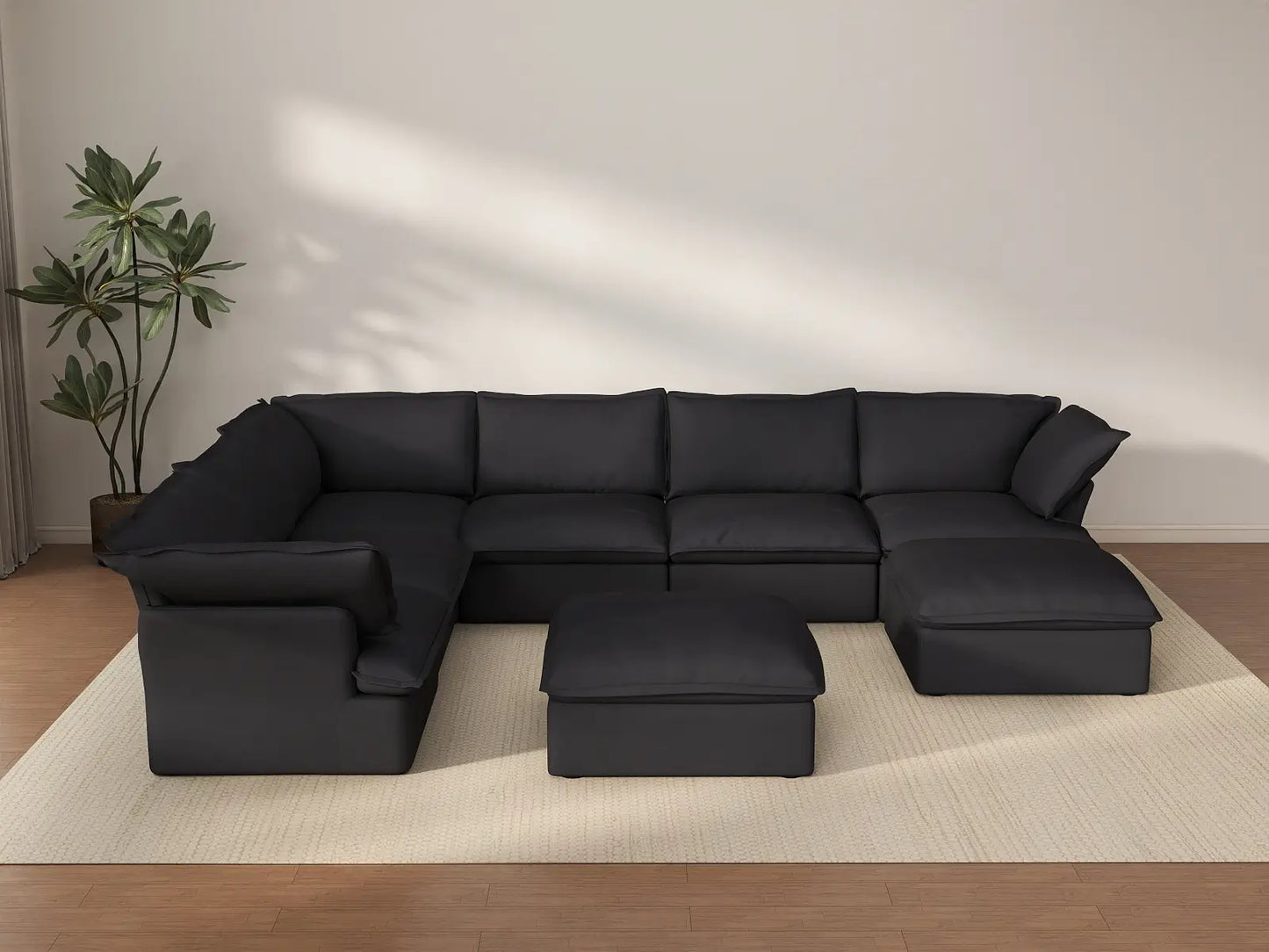 Sofá Deluxe Cloud negro de 6 plazas con almacenaje | 8 piezas (incluye 2 otomanas), tela de lino y algodón, fundas lavables