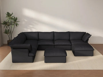 Sofá Deluxe Cloud negro de 6 plazas con almacenaje | 8 piezas (incluye 2 otomanas), tela de lino y algodón, fundas lavables