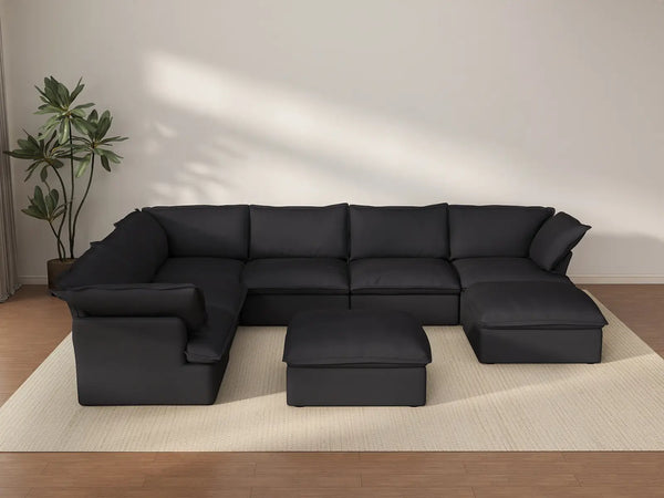 Sofá Deluxe Cloud negro de 6 plazas con almacenaje | 8 piezas (incluye 2 otomanas), tela de lino y algodón, fundas lavables