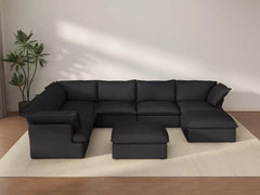 Sofá Deluxe Cloud negro de 6 plazas con almacenaje | 8 piezas (incluye 2 otomanas), tela de lino y algodón, fundas lavables