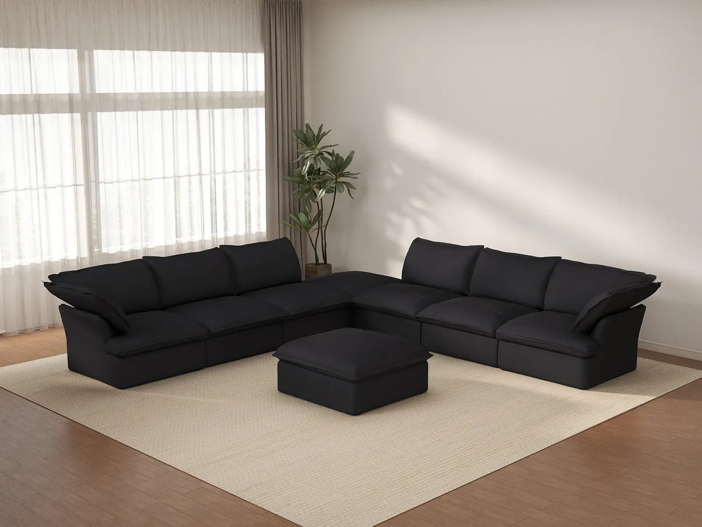Deluxe Cloud Black 6-Seater Sofa with Storage | 8-Piece (includes 2 ottomans), Linen and Cotton Fabric, Washable Covers