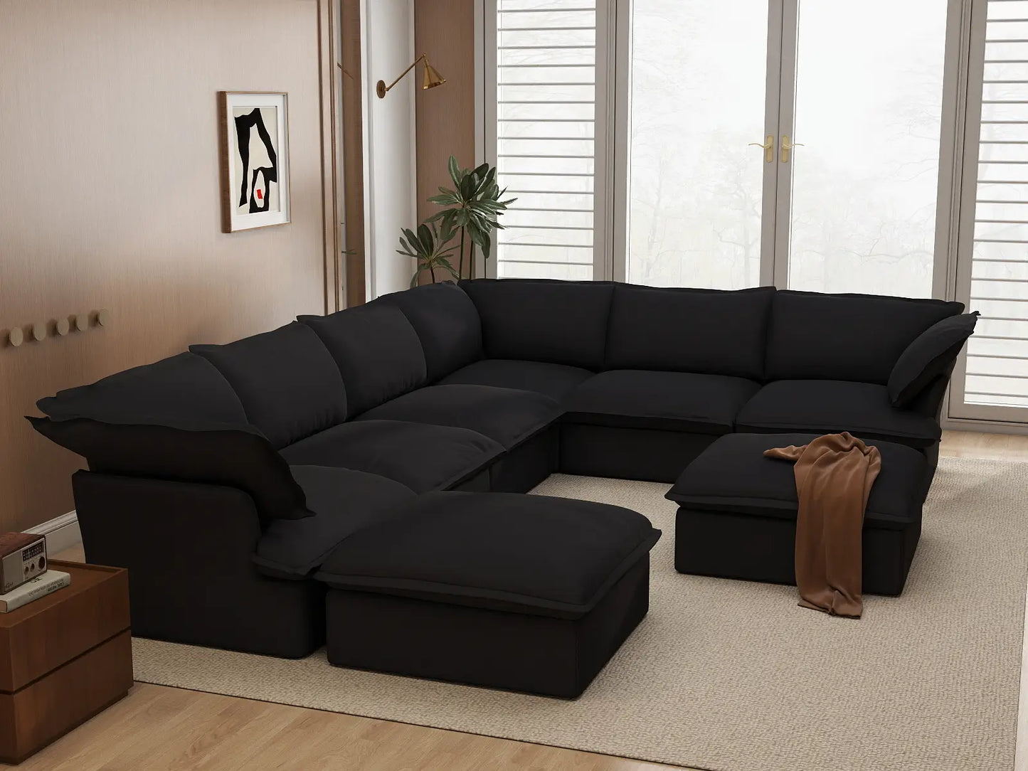 Deluxe Linen Cloud Sectional Sofas Covers | Black Linen and Cotton Sofa Cover for 6-Seater with 2-Ottoman