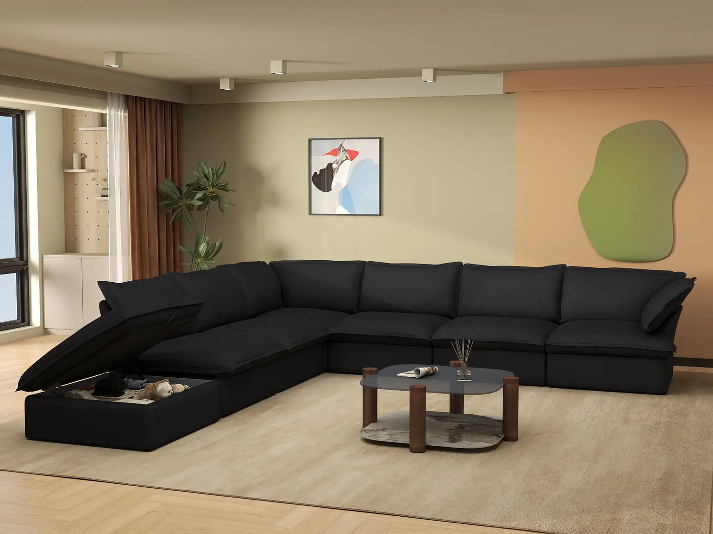 Sofá Deluxe Cloud negro de 6 plazas en forma de V con almacenaje | 7 piezas (incluye 1 otomana), tela de lino y algodón, fundas lavables
