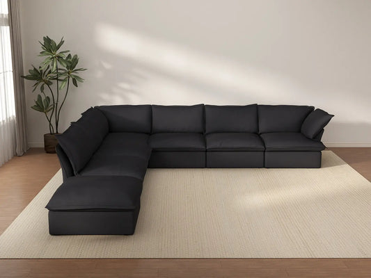 Deluxe Cloud Black 6-Seater V-Shaped Sofa with Storage | 7-Piece (includes 1 ottoman), Linen and Cotton Fabric, Washable Covers