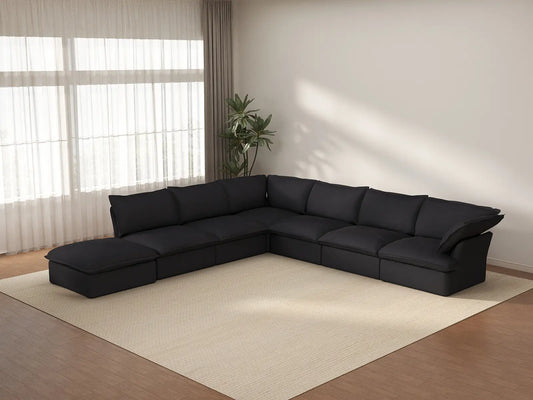 Deluxe Cloud Black 6-Seater V-Shaped Sofa with Storage | 7-Piece (includes 1 ottoman), Linen and Cotton Fabric, Washable Covers