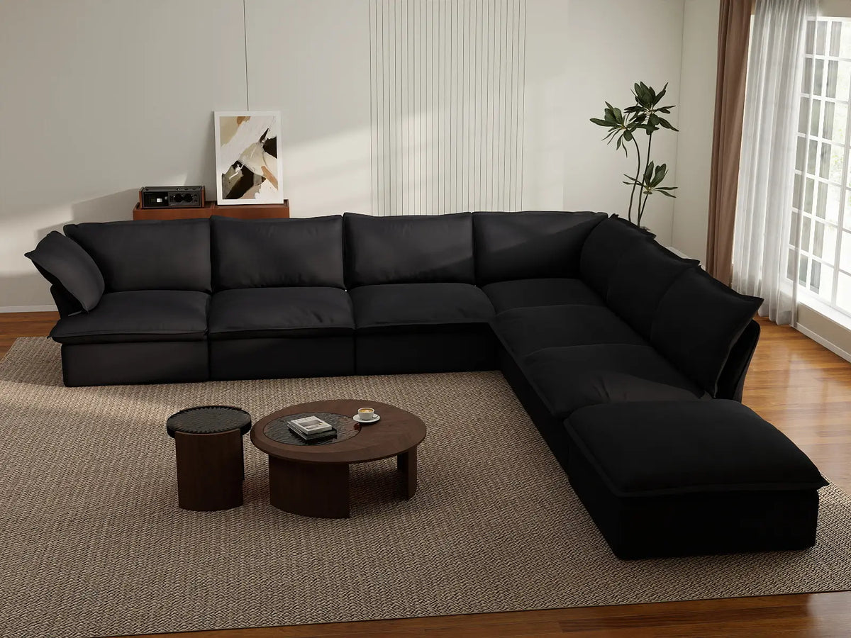 Sofá Deluxe Cloud negro de 6 plazas en forma de V con almacenaje | 7 piezas (incluye 1 otomana), tela de lino y algodón, fundas lavables