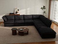 Sofá Deluxe Cloud negro de 6 plazas en forma de V con almacenaje | 7 piezas (incluye 1 otomana), tela de lino y algodón, fundas lavables