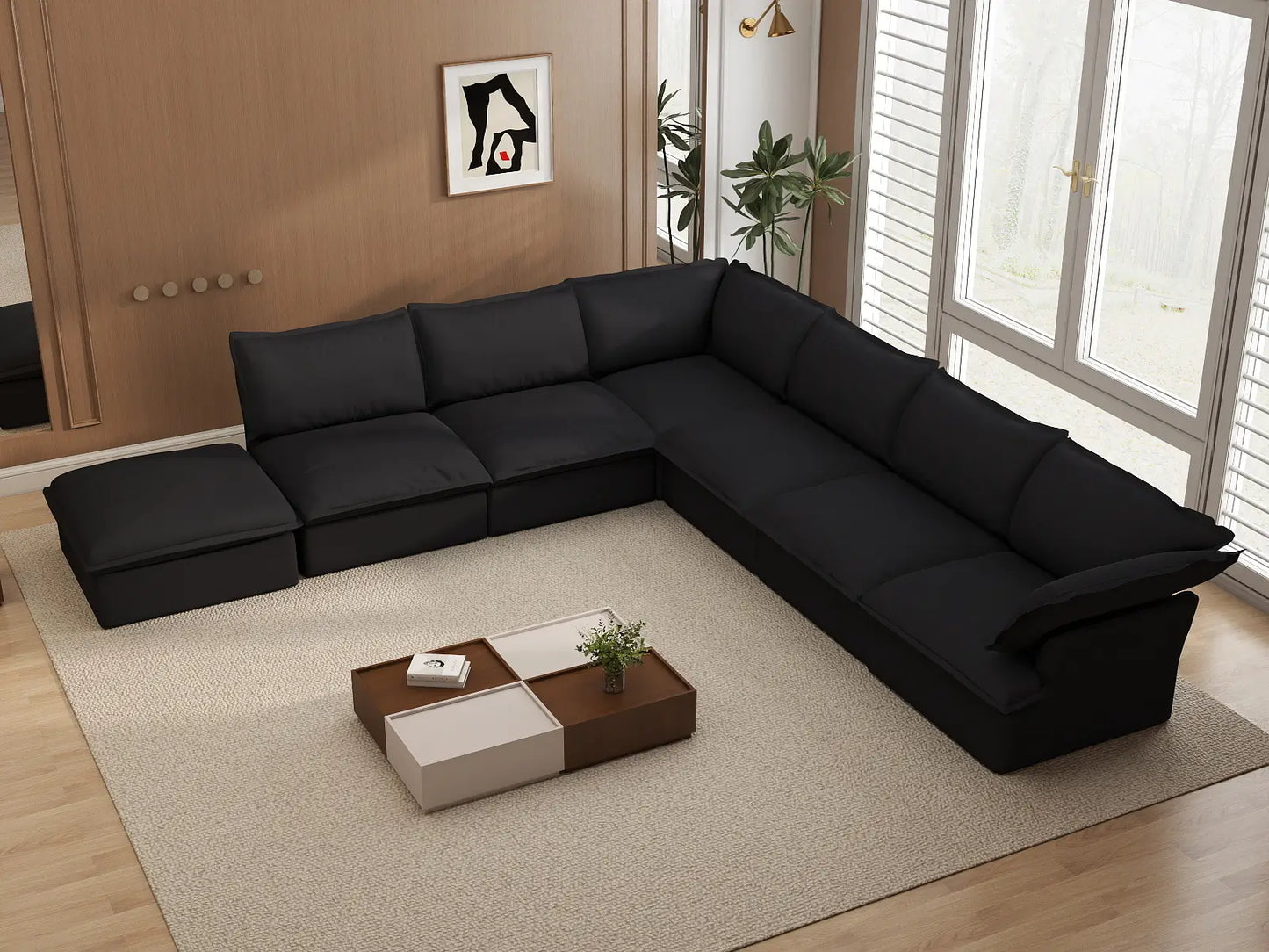 Fundas para sofá seccional Deluxe Linen Cloud | Funda de sofá de lino y algodón negro para 6 plazas con 1 otomana