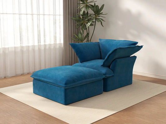 Sofá Individual de Lujo Cloud Blue de 1 Plaza | 2 Piezas (incluye 1 otomana), Tela de Terciopelo, Otomana con Almacenamiento
